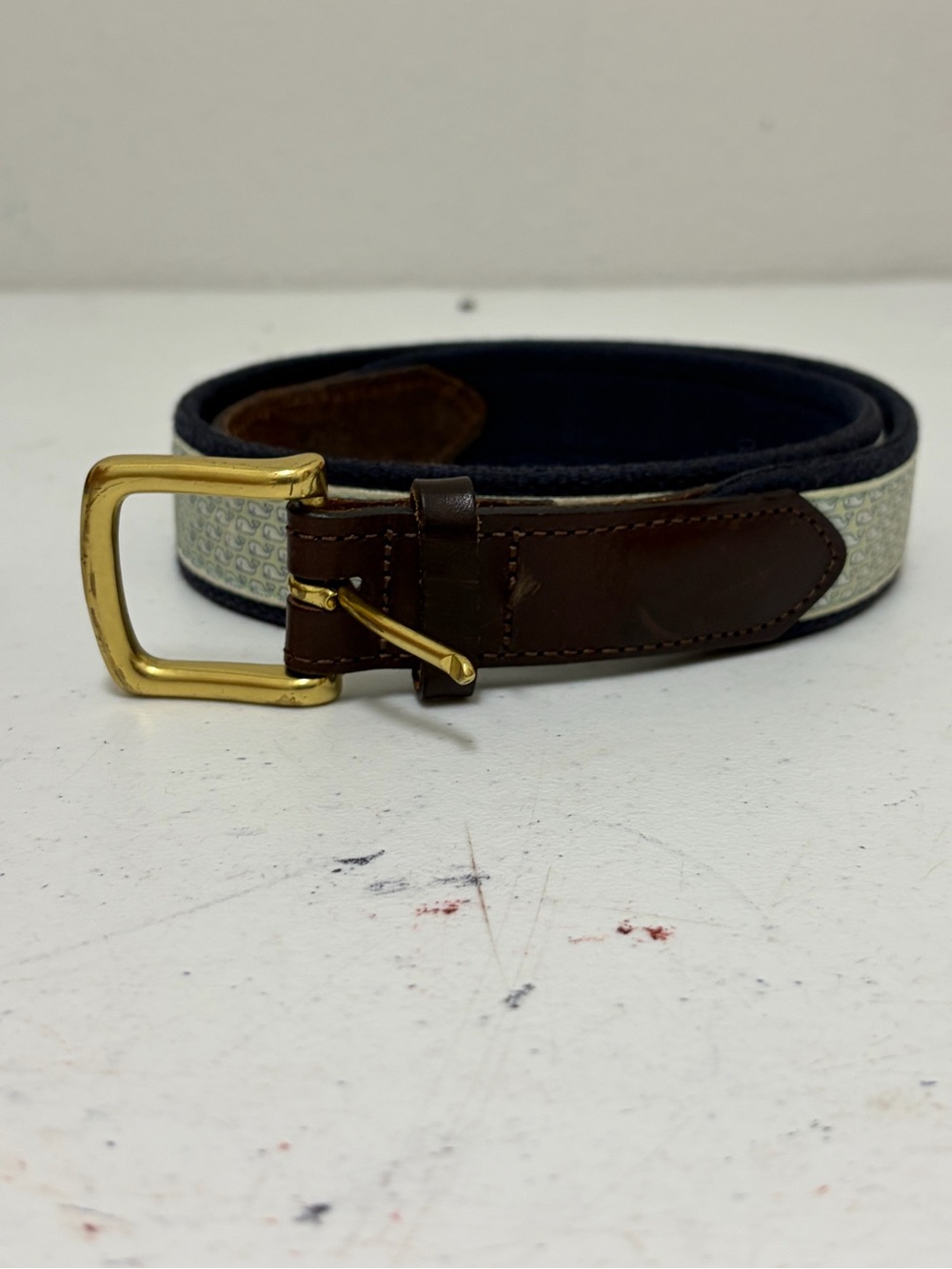 Vineyard Vines Navy Fabric & Brown Leather Belt with Gold Buckle